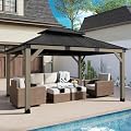 Aoodor 12 x 14 ft Wooden Frame Gazebo with 2-Tier Galvanized Metal Hardtop Roof, Outdoor Patio Gazebo with Charging Socket for Patio, Backyard, Deck, and Lawn