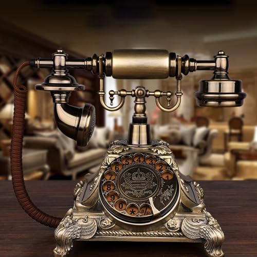 Image of TelPal Rotary Dial Vintage Antique Home Telephone Table Replica, Retro Office Corded Telephone Decor, Gold