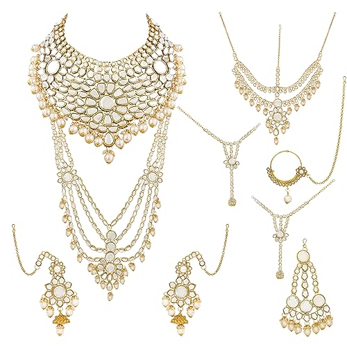 I Jewels Wedding Collection Traditional Ethnic Gold Plated Pearl & Kundan Stone Work Bridal Jewellery Set For Women