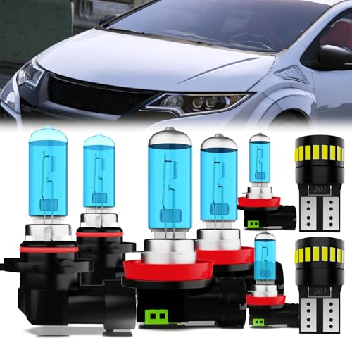 Image of Headlight Bulbs License Plate Lights Fit For Honda Civic 2014-2015 Coupe, 9005 High Beam + H11 Low Beam + H11 Fog Lights Halogen Light Bulb + License Plate Lights, 6000K White, Pack of 8