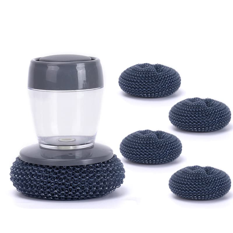 AMERTEERDish Brush with Soap Dispensing scrub - Kitchen Dispenser Scrub Brush, Dish Scrubber with 5 Replacement, Multifunctional Pressing Cleaning Brush - Smart Kitchen Tool for Pots, Grills & Ovens