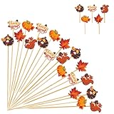 Jiesky 125pcs Fall Cocktail Picks Autumn Theme turkey squirrel pumpkin maple leaf Bamboo Cocktail Toothpicks Fruit Sticks Sandwich Appetizer Charcuterie Skewers for Thanksgiving Day Decorations Party