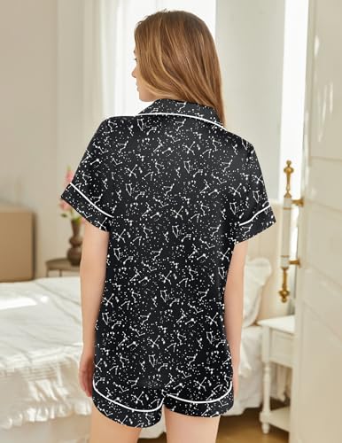 Image of Silk Pajamas for Women Short Sleeve Sleepwear Soft Button Down Loungewear 2 Piece Satin Pjs Shorts Set S-XXL