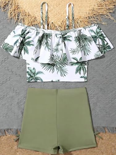 Image of Girl's 2 Piece Set Coconut Tree Print Ruffle Hem Bikini Sets Bathing Suit Green 150