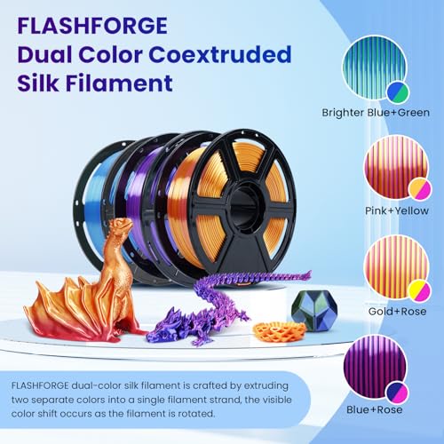 Image of FLASHFORGE Silk Bi-Color PLA Filament 1.75mm, Coextrusion Pink Yellow Dual Color Multicolor 3D Printer Filament, Enchanting Silk Finish with 360 Multicolor Shifting Color Effect