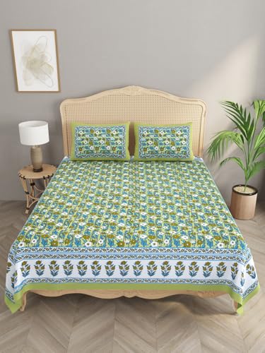 Image of Cotton Bedsheet, Printed Bedsheet for Double Bed with 2 Pillow Covers, Eco-Friendly Bedsheet for Bedroom, Guestroom & Living Room, Size - 90 * 108 (Leaf Green & Blue)