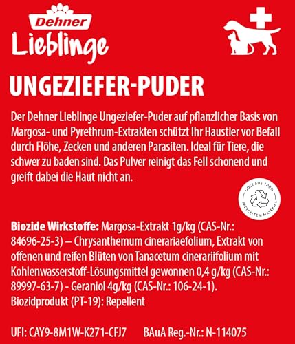 Dehner Lieblinge Ungeziefer-Puder, pflanzliches Zecken und Flo Puder für Hunde/Katzen, schonende Fellpflege, 150 g