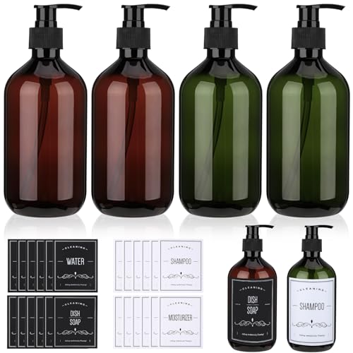 KroY PecoeD 4-Piece Pump Dispenser Set 500ml Empty Plastic Soap Dispenser with Labels Refillable Shampoo & Conditioner Bottles with Pump for Lotion Shower Gel