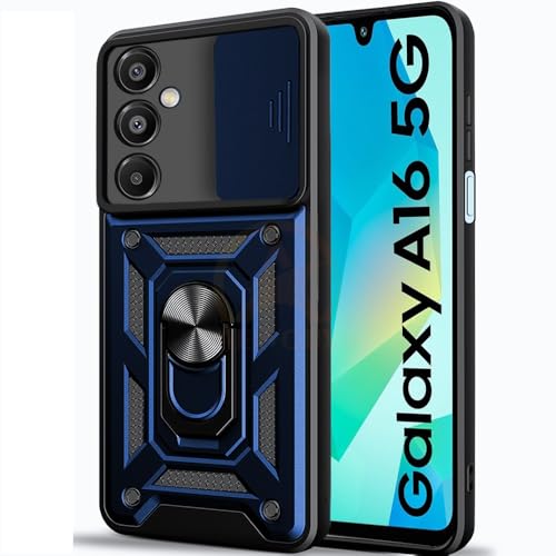 Image of Armor Bumper Back Cover Case for Samsung A16 5G Rotating Camera Cover, Ring Holder & Kickstand | Heavy Duty & 360 Degree Protection Samsung A16 5G Back Cover (Blue)