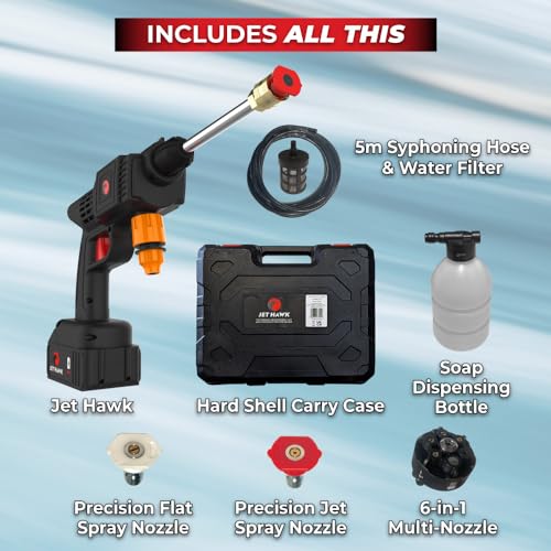 Jet Hawk – Portable Cordless High-Pressure Washer As Seen on High Street TV - Use Any Water Source – 6 in 1 - Inc Spray Nozzles, 5m Hose, Hose Connector, Free Soap Dispenser Bottle & Hard Carry Case - 3