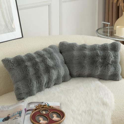 Image of MANDIOO Pack of 2 Thick Plush Wool Decorative Throw Pillow Covers Super Soft Wave Bubble Fur Velvet Cushion Covers Pillow Shams for Couch Bed Living Room 16x24 Inch Gray