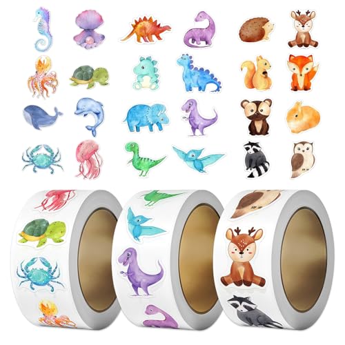 1500 Pcs Pegatinas Recompensa Animales para Niños,Stickers Decorativos Infantiles Acuarela,Sticky con Temática Vida Marina Rollo,Calcomanías Alegres Dinosaurio para Scrapbooking,Escuela,DIY Manualidad