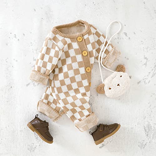 Sayoo Unisex Baby Girl Boy Knitted Romper Jumpsuit Checkerboard Plaid One Piece Button Down Sweater Playsuit Clothes (Camel, 0-3 Months) #TOP1