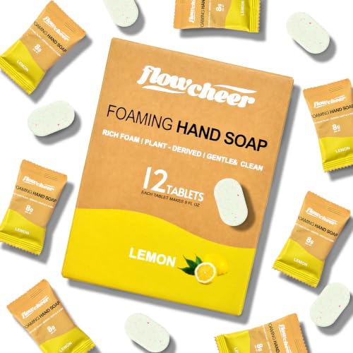 Image of flowcheer Foaming Hand Soap Tablet Refills, 12 Pack (Makes 12 x 9 fl oz), Lemon Scented soap tablets, Fresh & Clean Handwash, No Plastic Bottle