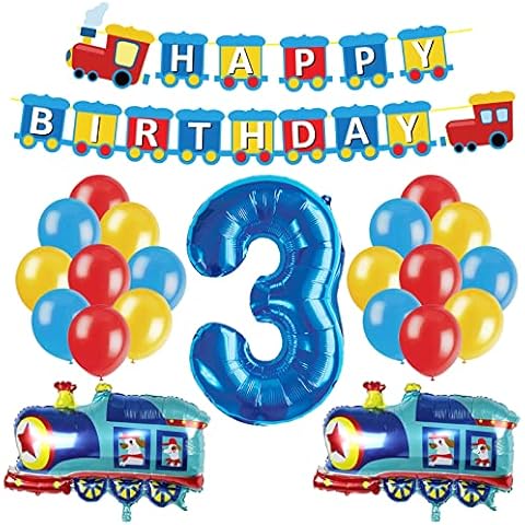 JOPARY Train 3rd Birthday Decorations Boys Train, 3 Years Old Birthday Party Supplies With Number 3 Foil Balloons Train Birthday Banner,Latex Balloons For Kids Train Birthday Party Decoration Cover