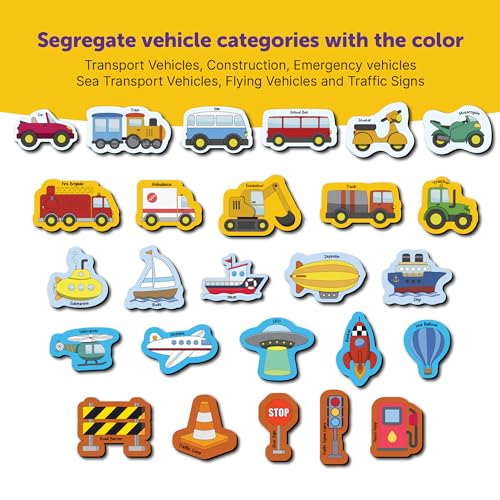 Image of Mini Leaves 26 Pieces Transport Full Magnetic Fridge Magnets for Kids- Car, Bus, Boat, UFO with Traffic Sign Board for whiteboard - Educational Toy for Kids