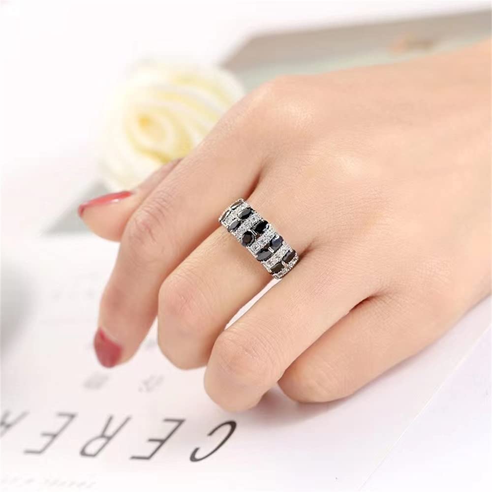WTH OYE 925 Sterling Silver Full Diamond Ring Shiny Black Onyx Ring Oval Cut Cubic Zirconia Promise Rings CZ Black Gem Cocktail Rings Eternity Engagement Wedding Band Ring for Women W.53 (US Code 7)