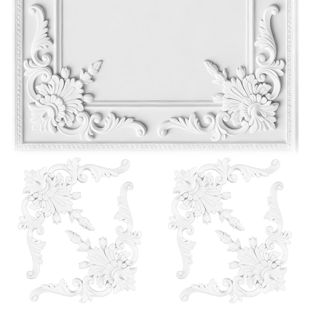 NBEADS 4 Pcs Corner Wall Molding French Style, PU Ornate 3D Scrollwork Wall Decorations 20x21cm White Decorative Panel for Cabinet Picture Frames Living Room Wall Accent Decor