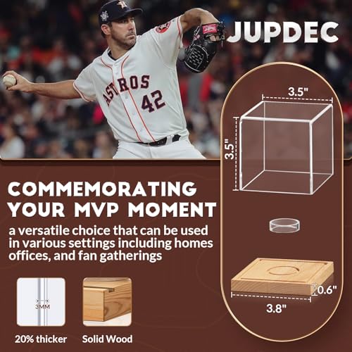 Image of Baseball Display Case, Clear Cube Baseball Holder with Wooden Base, Autograph Baseball Stand Box for Single Ball, Pine Wood, 2 Pack