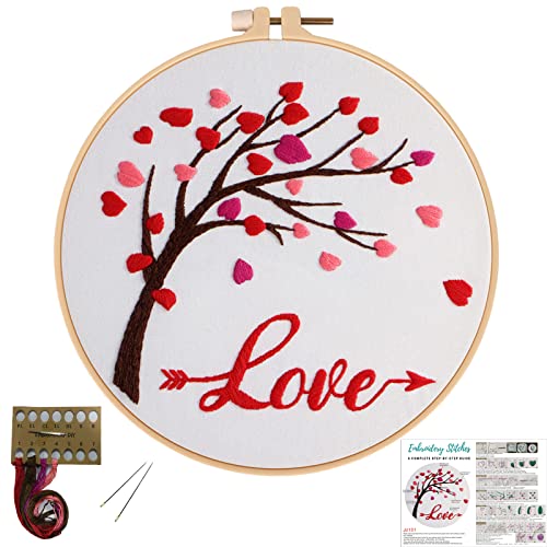 Image of Louise Maelys Love Heart Tree Embroidery Kit for Adults, Romantic DIY Craft | Needlepoint Kit with Pre-Printed Fabric, Hoop, Threads, Needles and Guide. Craft Kits for Adults with Love Design