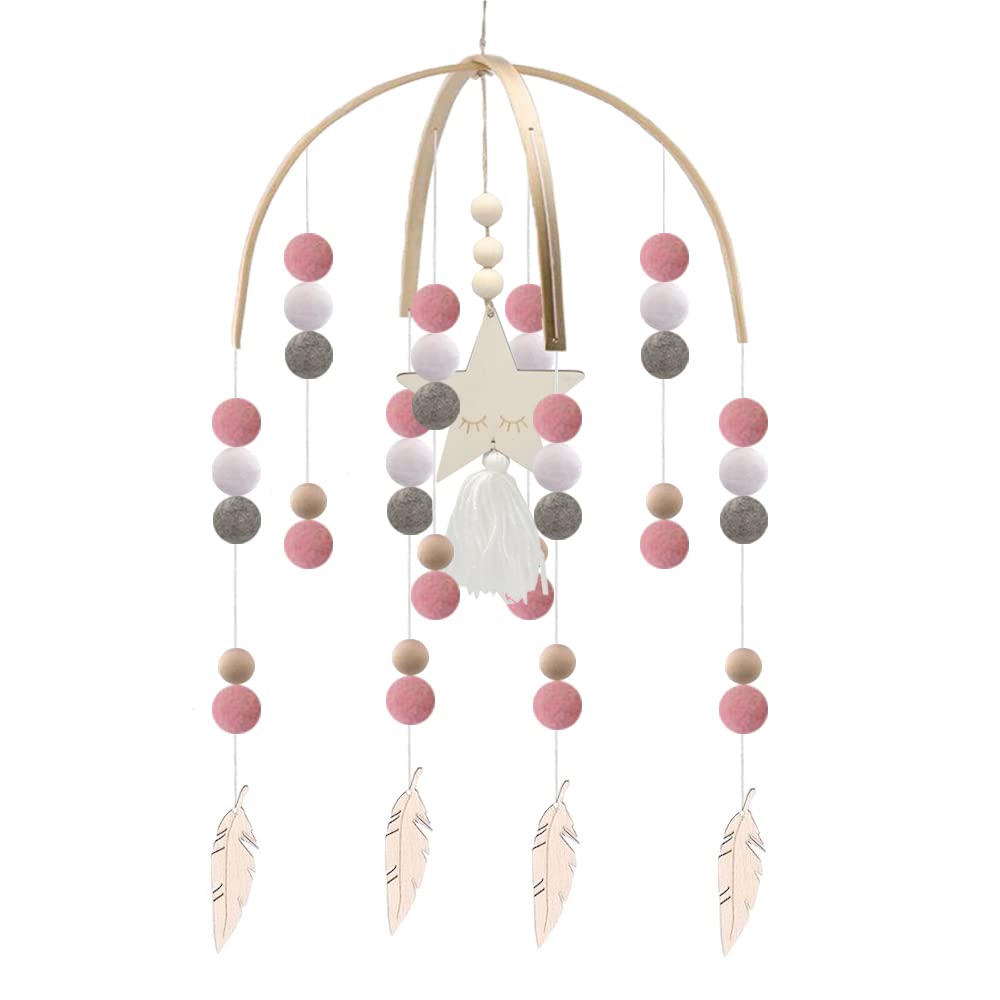 Neutral Baby Crib Mobile, Boho Nursery Decor,Mobile for Cribs, Wooden Nursery Mobile,Neutral Felt Ball Mobile Ceiling Mobile Newborn Shower Gift Baby Mobile Nursery Decor（Pink-Leaf）