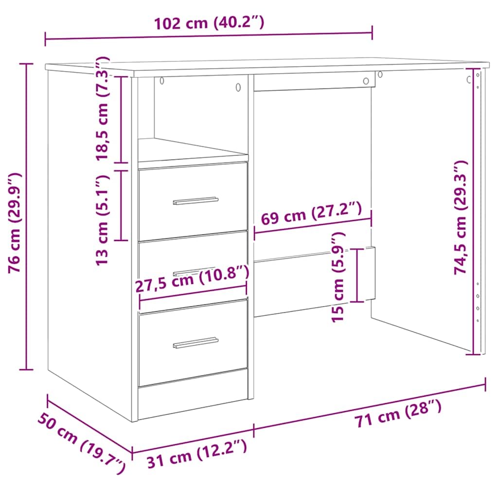 Scrivania con cassetti, in legno grigio cemento, 102 x 50 x 76 cm, per ufficio, computer, lavoro, PC, laptop, scaffale per segretario, ergonomica, salvaspazio, per casa e camera