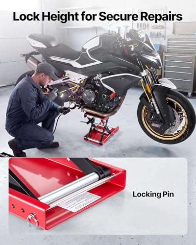 Image of VEVOR Motorcycle Lift, 1100 lbs Motorcycle Scissor Lift Jack with Wide Deck & Lock Pin, 3.74 inch-13.38 inch Center Hoist Crank Stand, Steel Scissor Jack for Street Bikes, Cruiser Bikes, Touring, Red /Black