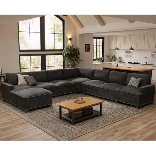 HAOMARKETS 126" Oversized Modular Sectional L-Shaped/U-Shaped Sofa with Storage Ottoman, Corduroy Upholstered 7-Seat Corner Couch with Nailhead Trim, Stable Legs for Living Room, Dark Grey