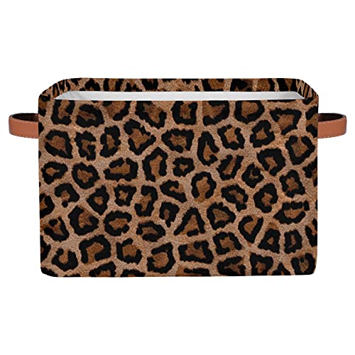 Leopard Print Storage Basket Bins, Animal Texture Large Foldable Storage Baskets Fabric Organizer Storage Cubes Box with Handles Collapsible Basket for Shelf Closet Nursery Home Office