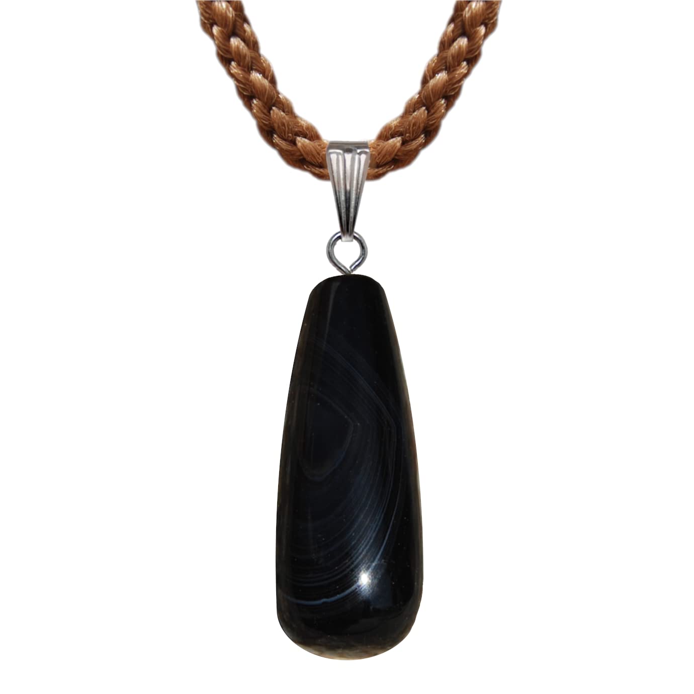 Steampunkers USAWild Earth Collection - 25mm Dew Drop Shaped Polished – Onyx Agate, Black – Adjustable Cord – Mocha Brown, Stainless Steel, Agate