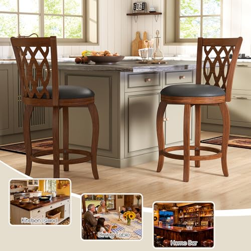 Image of 24 inch Counter Height Swivel Bar Stools Set of 2 for Kitchen Island, Farmhouse Barstool Chair with Back and Footrest, Upholstered Wood Barstools, Brown