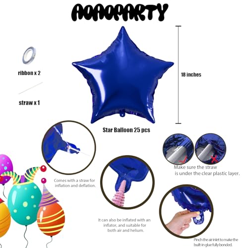 Image of 25Pcs Blue Star Shaped Foil Mylar Balloons 18 Inch Blue Pentagram Helium Balloons for Birthday Wedding Anniversary Engagement Party Decorations Supplies