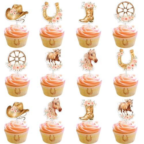 Kreatwow 24pcs Horse Birthday Cupcake Toppers for Girls Horse Birthday Decorations Western Cowgirl Party Decoration Floral Wildflower Cowgirl Party Supply for Western Bday Baby Shower
