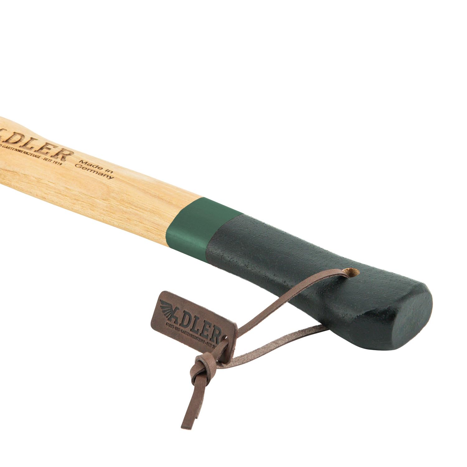 Adler Yankeeyxa avec Protection en Cuir : Hache en Bois forgé en Acier C60 avec poignée en Hickory de 38 cm, Surface extérieure antidérapante, pour Le Camping et la randonnée, Vert/Noir, 650 g