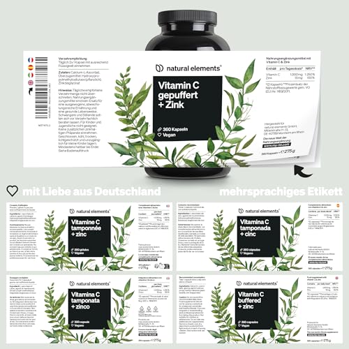 natural elements Vitamin C - 360 Kapseln - Hochdosiert mit 1000mg + 15mg Zink - Pflanzlich fermentiert & gepuffert (pH-neutral, säurefrei, magenschonend) - vegan, laborgeprüfte Qualität – Bild 6