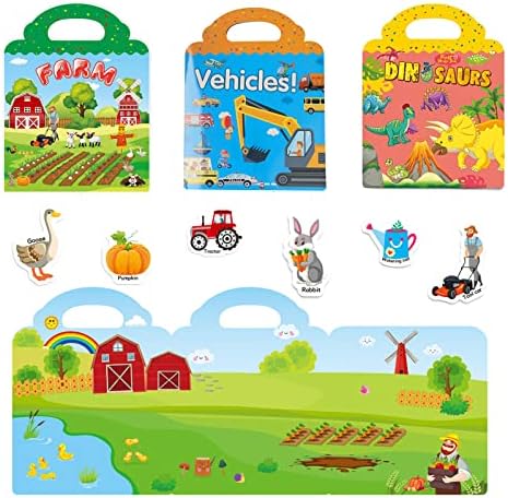 3 Set Reusable Sticker Book, Sticker Books for Kids 2-4 and Toddlers, Dinosaur Vehicles Farm Stickers for Kids Activity Book Educational Travel Toys for 3 4 5 Year Old Birthday Gifts