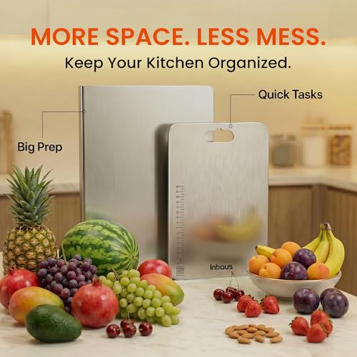Image of Stainless Steel Chopping Board Set of 2 (41x31 cm + 31x21 cm) | 304 Steel Cutting Board for Kitchen Large & Medium | Counter Top Lip + Measurement Scale | Rust Proof Chopper Board
