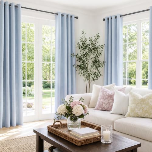 Image of 100% Blackout Blue Curtains 84 Inch Long 2 Panels Set, Chambray Blue | 100% Blackout Shield, Light Blocking, Thermal Insulated, Grommet Top, Window Curtains for Bedroom, Linen Textured, 50 inchx84 inch