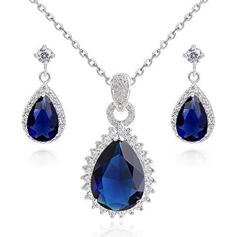 Crystalline Azuria Women 18ct White Gold Plated Teardrops Blue Simulated Sapphire Zirconia Crystals Set Pendant Necklace 17.7 inches Dangle Earrings Cover