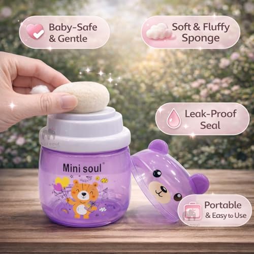 Image of Baby Powder Puff with Container Soft Feather Sponge Powder Applicator for Newborn & Infant Transparent Refillable Case Mess-Free, Leak-Proof, Baby-Safe Powder Puff for Kids Purple