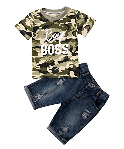 Toddler Baby Boy Clothes Short Sleeve Camo T-Shirt +Denim Cropped Pants Shorts Outfits Set (3-4 Years)