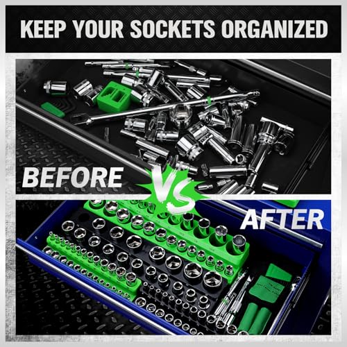 Image of Magnetic Socket Organizer Holder Tool: 8PCS Set includes 2PCS 1 /4 inch, 4PCS 3 /8 inch, 2PCS 1 /2 inch Drive Socket Storage Trays Toolboxs, Holding 199 Slots Soft Rubber Covering Black Green (sockets not included)