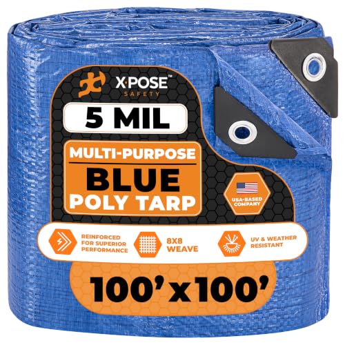 Image of Better Blue Poly Tarp 100' x 100' - Multipurpose Protective Cover, Lightweight, Durable, Waterproof, Weather Proof - 5 Mil Thick Polyethylene - by Xpose Safety