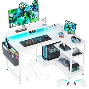 ODK 40 Inch Gaming Desk with USB Charging Ports and LED Lights, Reversible L Shaped Computer Desk with Storage Shelves & Monitor Stand, Corner Home Office Desk Table with Power Outlets, White