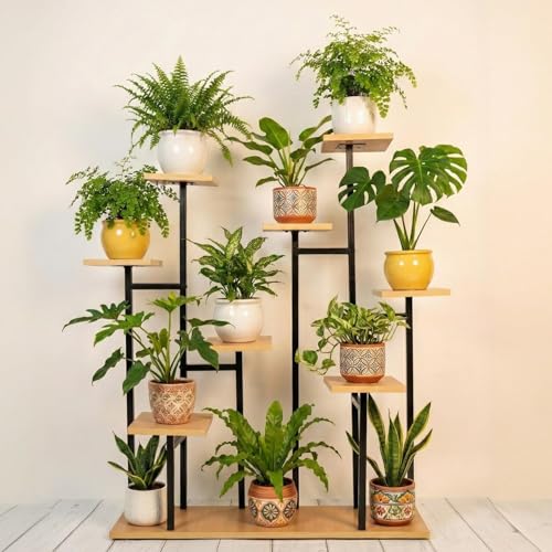 Image of ORILEY Florivo 8-Tier Vertical Wooden Plant Stand Indoor Flower Pot Holder Wood Display Racks for Potted Plants and Flowers Home Living Room Balcony & Garden Tall Shelf (Pack of 1)