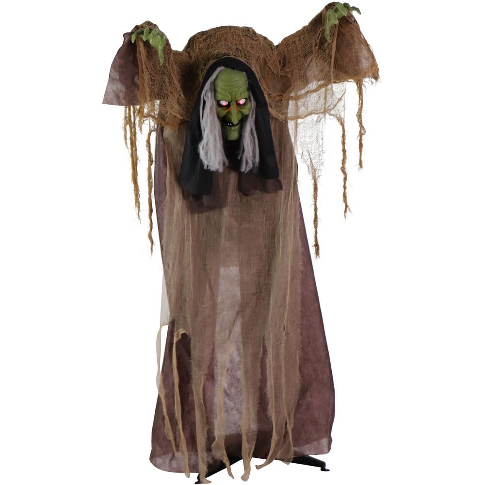 Haunted Hill Farm Brown Animatronic Talking Hunchback Witch with Movement and Lights for Battery Operated Scary Indoor or Covered Outdoor Halloween Decoration