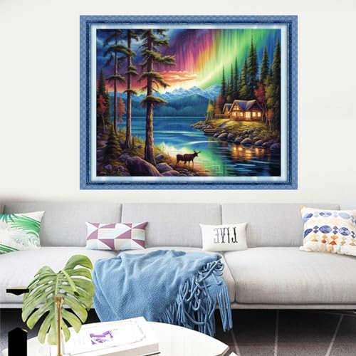 Image of Dooxvey Cross Stitch Kits for Adults Stamped Full Range of Embroidery Starter Kits for Beginners 11CT Printed Cross Stitch Patterns Needlepoint Kits Stamped Crossstitching-Aurora by Lake 16x20 inch
