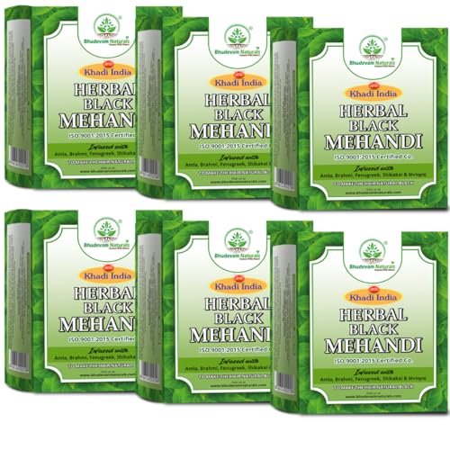 Image of Khadi Organic and Natural Black Mehandi for Natural Hair, Color with Henna & Herbs | Grey Hair Coverage | Chemical-Free Henna Powder for Stunning Black Hair By Bhudevam Naturals Pack of 6