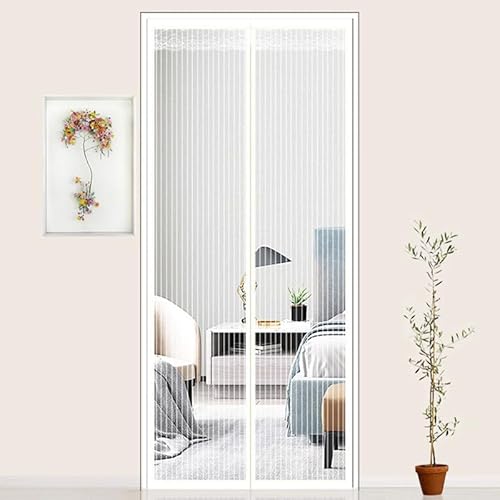 Magnetic Fly Insect Screen Door, Mesh Curtain Anti Mosquito Fly Curtain Door Screens Nets, Bug Mesh Curtain with Magic Tape, Top-to-Bottom Seal Snaps Shuts Automatically, White