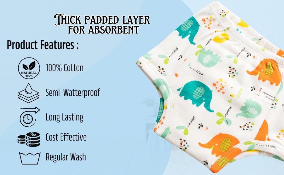 Image of Baby Padded Underwear - Soft Cotton Potty Training Pants for Toddlers, Washable & Reusable, Leak-Proof Training Underwear for Boys & Girls